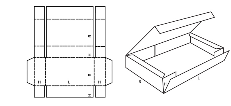 Kaiserzuschnitt Schlitzverpackung Fefco 0413 Kaiserverpackung mit einseitigem Deck technische Zeichnung